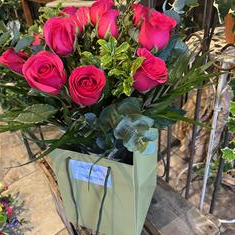 Dozen (12) Cerise Pink Rose Hand Tied Bouquet